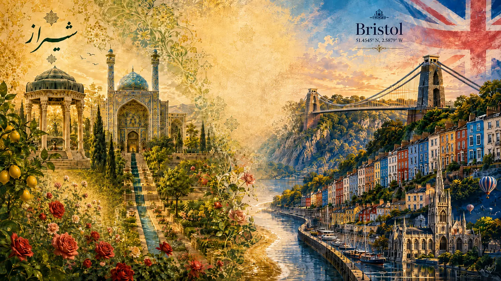 A painted diptych joining Shiraz and Bristol: on the left a Persian garden with a tiled dome, cypress trees and roses; on the right the Clifton Suspension Bridge above the harbourside and its coloured terraced houses.